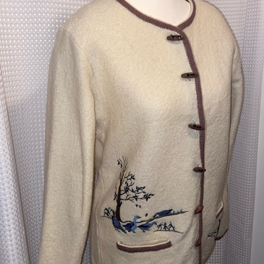 Vintage cream‎ boil wool Cardigan wood buttons embroidery size small - Picture 5 of 16